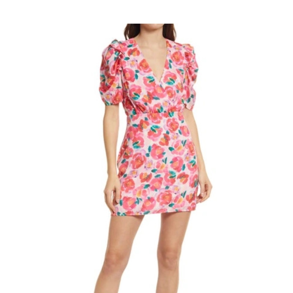 Adelyn Rea , Pauline Floral Puff Sleeve Minidress In Hot Coral, NWT